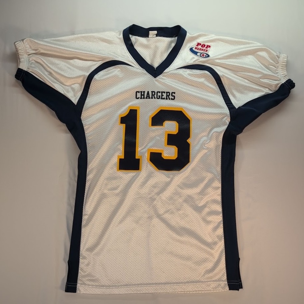 Pop Warner Chargers Football Jersey Kids White Navy Blue Ervin 13 Mesh Shirt